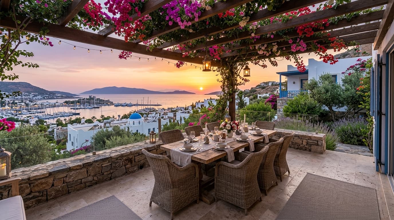 Gün batımında Bodrum koyuna bakan sarmaşıklı teras, akşam yemeği hazırlanmış