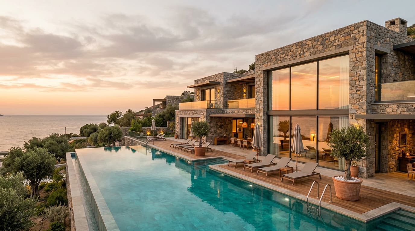 Gün batımında deniz manzaralı taş villa ve infinity havuz